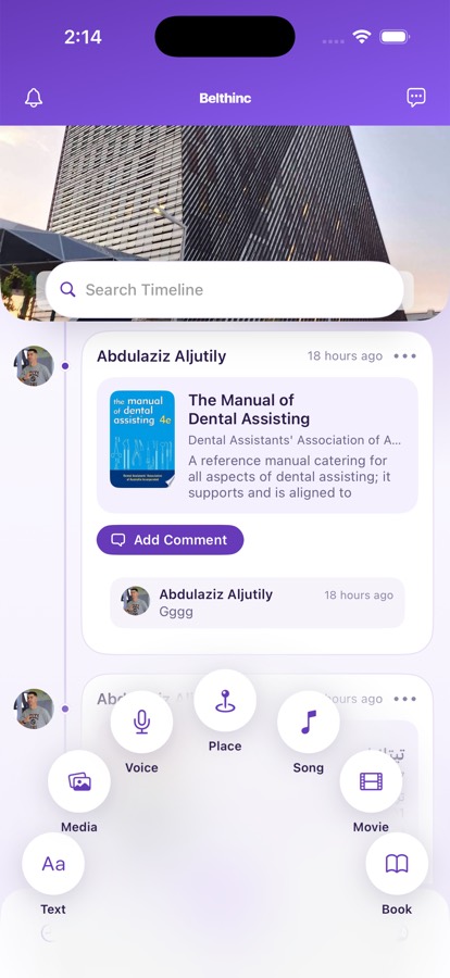 The Belthinc compose menu fanning out seven post types